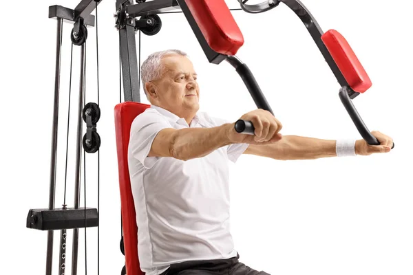 Зрелый Человек Упражнения Многофункциональной Машине Изолированы Белом Фоне — стоковое фото
