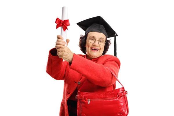 Senhora Idosa Alegre Com Diploma Chapéu Formatura Isolado Fundo Branco — Fotografia de Stock