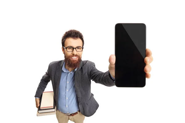 Professor Mostrando Telefone Isolado Fundo Branco — Fotografia de Stock