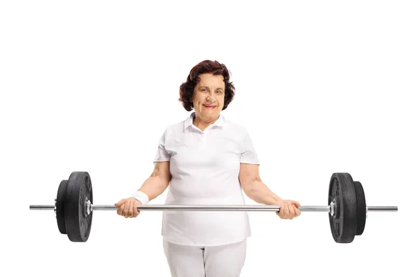 Ältere Frau Mit Einer Langhantel Auf Weißem Hintergrund — Stockfoto