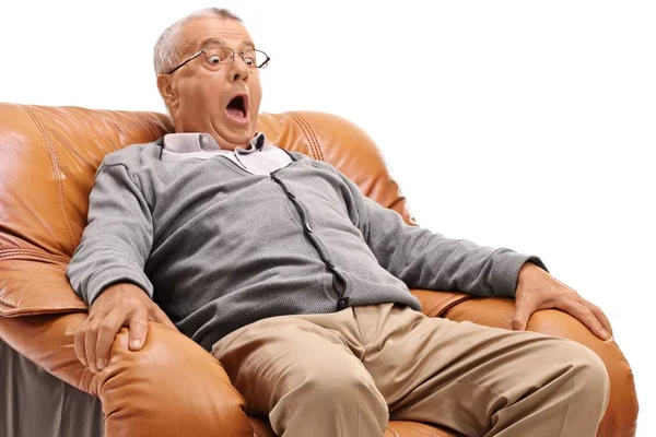 Terrified Mature Man Sitting Armchair Isolated White Background — Stock Photo, Image