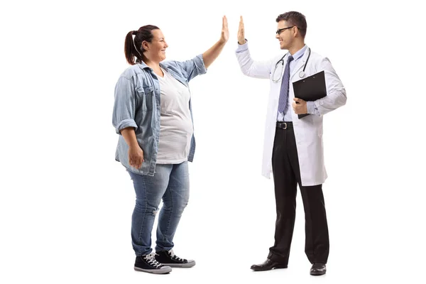 Full Length Profile Shot Young Woman High Fiving Doctor Isolated — Stock Photo, Image