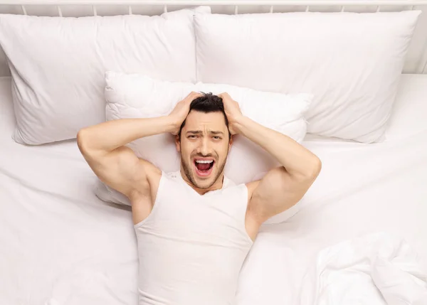 Frustrated Young Man Lying Bed — Stock Photo, Image