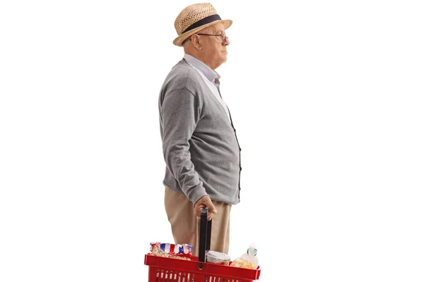 Profilbild Einer Seniorin Mit Warenkorb Auf Weißem Hintergrund — Stockfoto