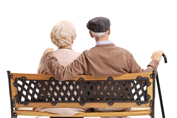 Couple Âgé Assis Sur Banc Isolé Sur Fond Blanc — Photo