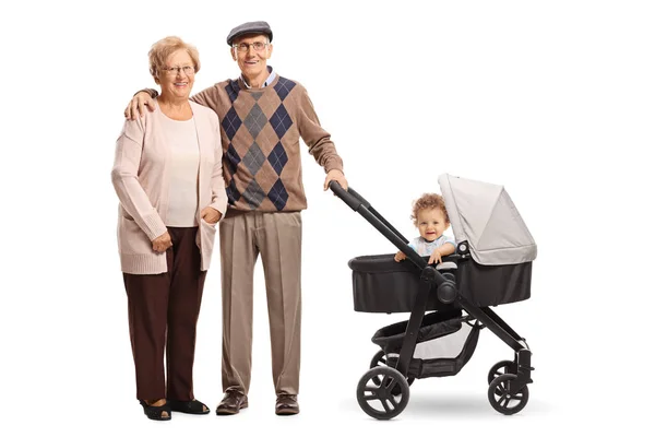 Happy Grandparents Standing Pushchair Grandson Isolated White Background — Stock Photo, Image
