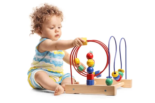 Bonito Menino Brincando Com Brinquedo Isolado Fundo Branco — Fotografia de Stock