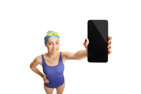 Jeune Femme Maillot Bain Tenant Téléphone Portable Isolé Sur Fond — Photo