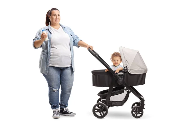 Full Length Portrait Overweight Mother Holding Baby Bottle Stroller Baby — Stock Photo, Image