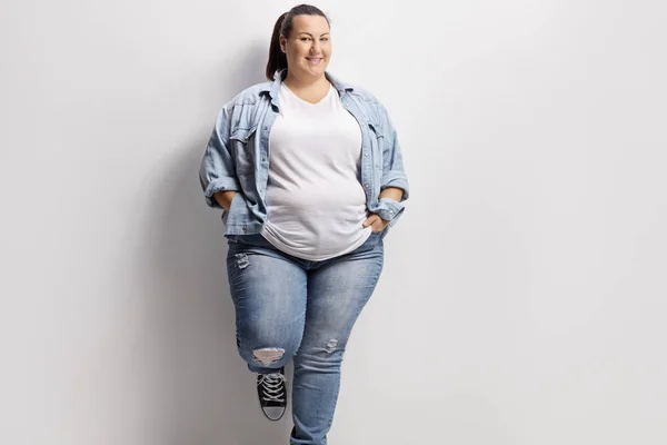 Young Overweight Woman Casual Clothes Standing Wall — Stock Photo, Image