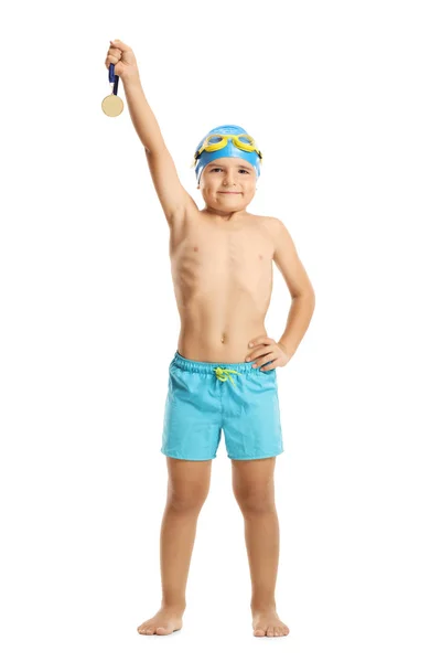 Little Boy Swimmer Holding Gold Medal Isolated White Background — Stock Photo, Image