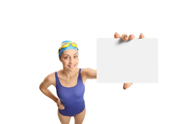 Young Woman Swimming Suit Swimming Cap Holding Small White Banner — Stock Photo, Image