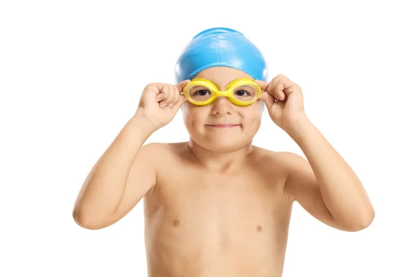 Portrait Boy Swimming Cap Googles Isolated White Background — Stock Photo, Image
