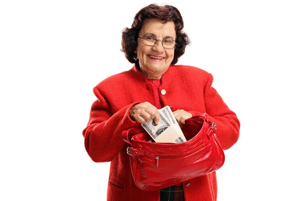 Äldre Kvinna Med Pengar Påse Isolerad Vit Bakgrund — Stockfoto