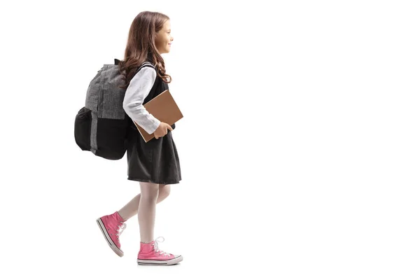 Profilbild Einer Schülerin Mit Rucksack Die Isoliert Auf Weißem Hintergrund — Stockfoto