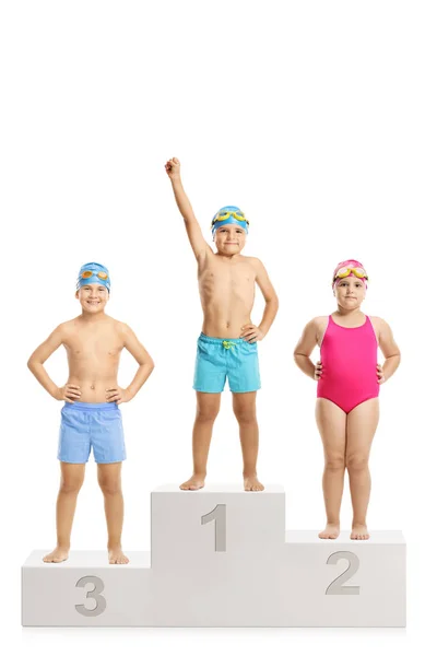 Tres Niños Trajes Baño Pedestal Ganador Para Primer Segundo Tercer — Foto de Stock