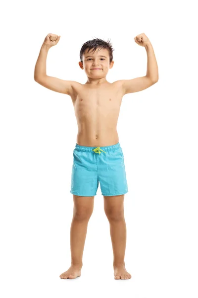 Niño Pequeño Traje Baño Mostrando Los Músculos Aislados Fondo Whute —  Fotos de Stock