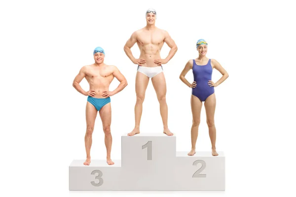 Three Swimmers Winner Pedestal First Second Third Place Isolated White — Stock Photo, Image