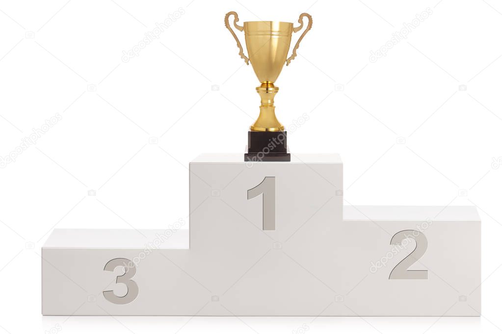 Winner's pedestal for first second and third place with a gold trophy cup isolated on white background