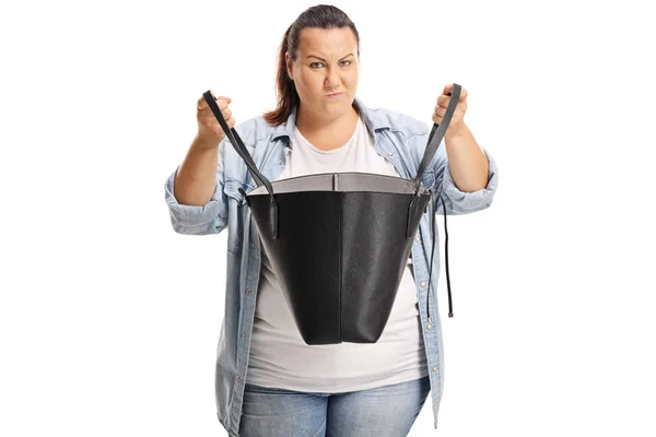 Angry Overweight Female Holding Handbag Isoated White Background — Stock Photo, Image