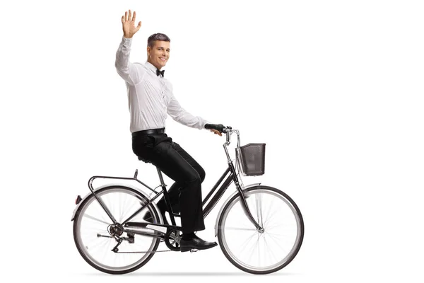 Groom Riding Bicycle Waving Camera Isolated White Background — Stock Photo, Image