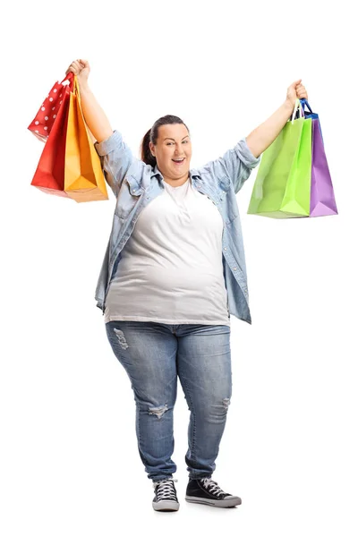 Retrato Comprimento Total Uma Mulher Radiante Com Sacos Compras Isolados — Fotografia de Stock