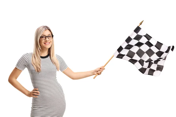 Jeune Femme Agitant Drapeau Carreaux Isolé Sur Fond Blanc — Photo