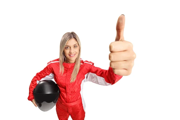 Female Racer Making Thumb Sign Isolated White Background — Stock Photo, Image