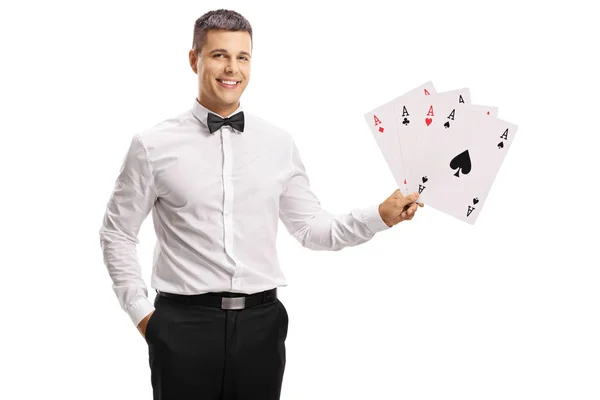 Handsome Young Man Tux Holding Playing Cards Isolated White Background — Stock Photo, Image