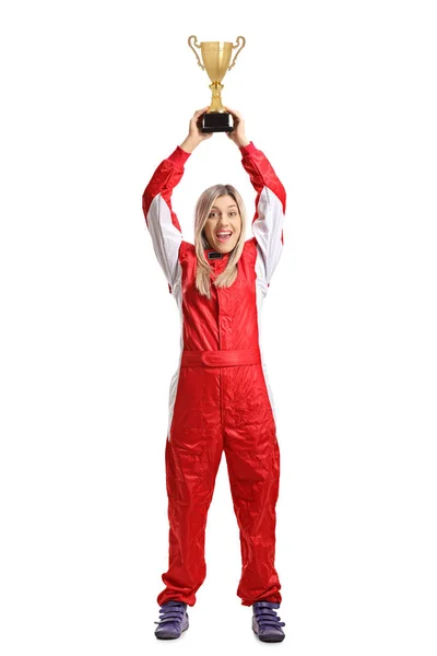 Full Length Portrait Joyful Female Racer Holding Golden Trophy Isolated — Stock Photo, Image