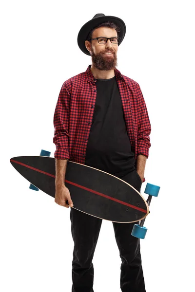 Hipster Med Longboard Som Isolerad Vit Bakgrund — Stockfoto