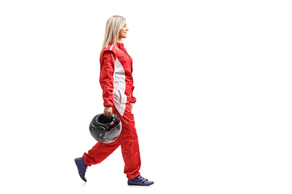 Kvinnlig Racer Promenader Och Hålla Hjälm Som Isolerad Vit Bakgrund — Stockfoto