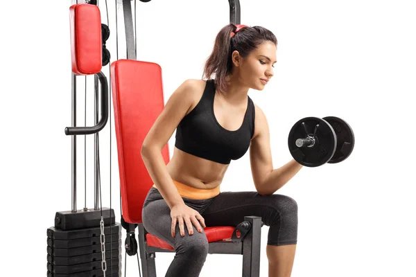 Female Exercising Dumbbell Fitness Machine Isolated White Background — Stock Photo, Image