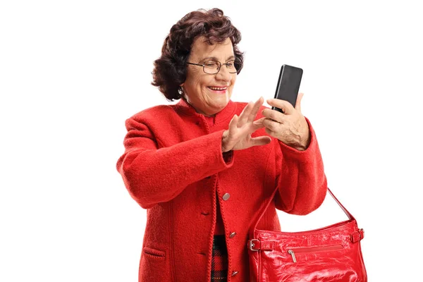 Donna Matura Utilizzando Telefono Cellulare Isolato Sfondo Bianco — Foto Stock