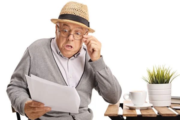 Shocked Elderly Man Reading Document Isolated White Background — Stock Photo, Image