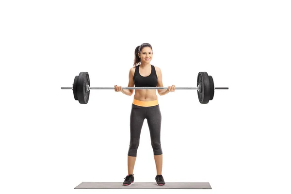 Young Athletic Female Lifting Barbell Isolated White Background — Stock Photo, Image