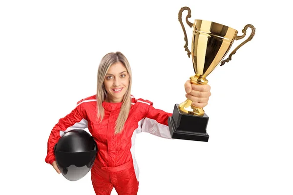 Mulher Piloto Terno Segurando Uma Taça Troféu Ouro Isolado Fundo — Fotografia de Stock