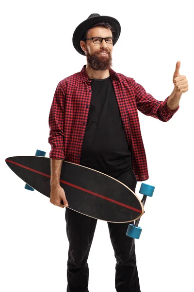 Hipster Houden Een Longboard Maken Een Duim Omhoog Teken Geïsoleerd — Stockfoto