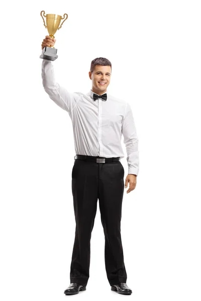 Full Length Portrait Young Man Tux Holding Golden Trophy Isolated — Stock Photo, Image