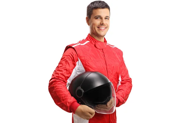 Racer Con Casco Che Guarda Macchina Fotografica Sorride Isolato Sfondo — Foto Stock