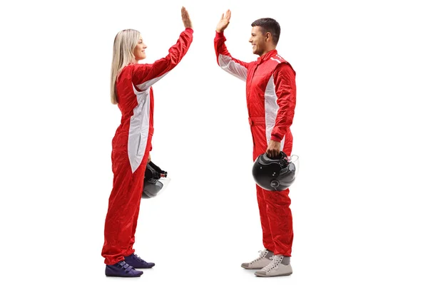 Full Length Profile Shot Female Male Racer High Fiving Each — Stock Photo, Image