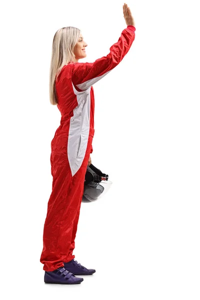 Female Racer Standing Profile Gesturing Isolated White Background — Stock Photo, Image