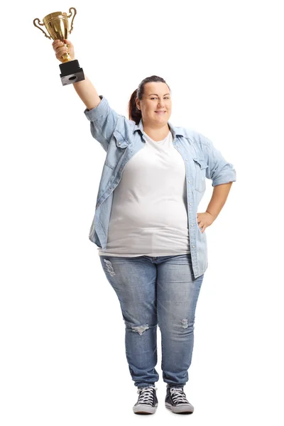 Volledige Lengte Portret Van Een Overgewicht Vrouw Met Een Kopje — Stockfoto