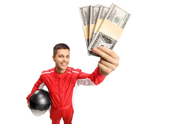 Racer Håller Pengar Buntar Isolerad Vit Bakgrund — Stockfoto