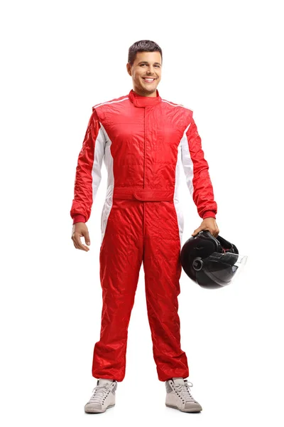 Full Length Portrait Racer Posing Isolated White Background — Stock Photo, Image