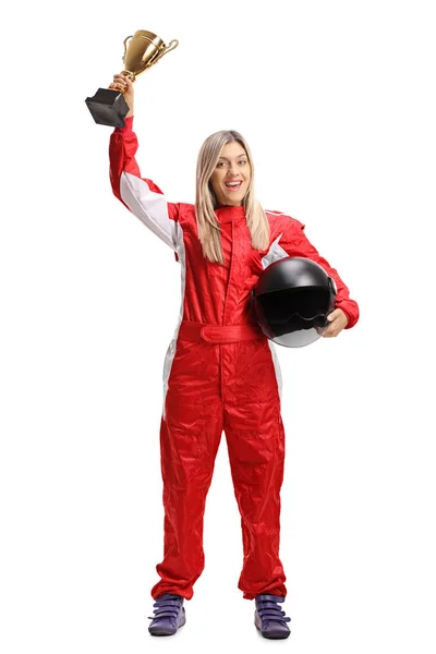 Full Length Portrait Female Racer Winner Golden Trophy Cup Isolated — Stock Photo, Image