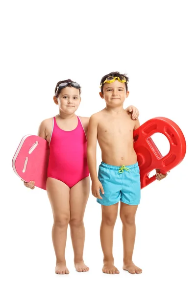 Full Length Portrait Little Girl Boy Swimming Suits Holding Swimming — Stock Photo, Image