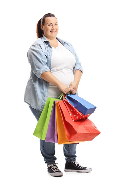 Portrait Pleine Longueur Une Jeune Femme Taille Tenant Des Sacs — Photo