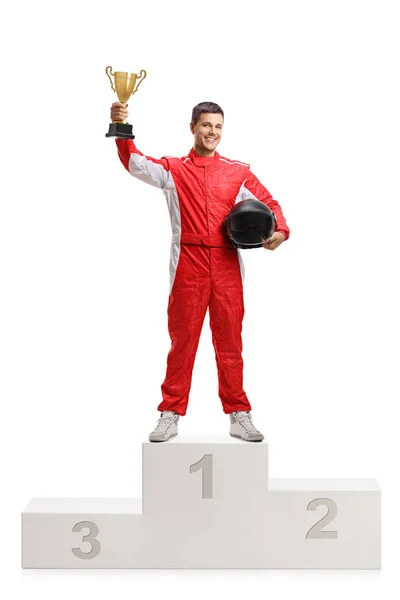 Retrato Comprimento Total Vencedor Piloto Masculino Pedestal Vencedor Com Uma — Fotografia de Stock