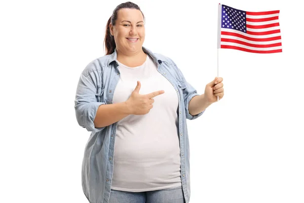 Overweight Woman Holding American Flag Pointing Isolated White Background — Stock Photo, Image